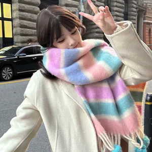 Cozy rainbow mohair winter scarf with cute fluffy pom poms and tassels for women warm.