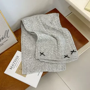 Grey knit scarf with cute ribbon accent, soft warm winter wool neck warmer for women.