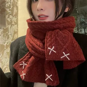 Winter warm knitted scarf for women, cute bow design, soft woolen neck warmer solid color.