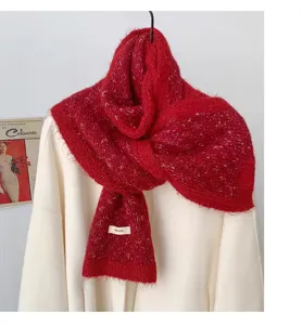 Korean style fluffy red knitted scarf for women, cozy winter warm thick neck wrap accessory.