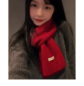 Close-up detail of the cozy red knitted winter scarf, showing soft wool texture and label.
