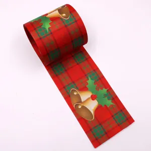 75mm Christmas plaid ribbon with bells and holly leaves, perfect for holiday gift wrapping and tree decor.