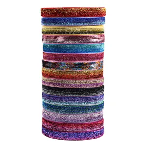 Glitter elastic ribbon set, shiny metallic trim for DIY hair bows and garment sewing accessories.