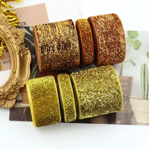 Gold glitter ribbon rolls sparkle metallic trim fabric DIY hair bow clothing accessories trim