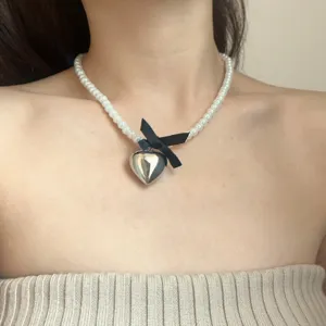 Sweet Heart Bowknot Artificial Pearl Necklace For Women Alloy Satin Ribbon Choker Light Luxury Heart Pendant Snake Chain Jewelry