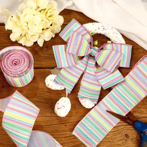 Easter wired ribbon colorful striped polyester ribbon for gift wrapping crafts and party decor
