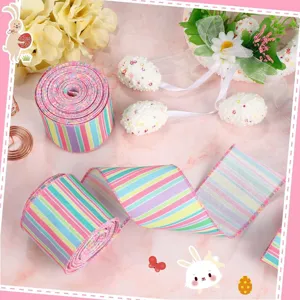 Easter wired ribbon colorful striped fabric ribbon for holiday gift wrapping and party decor.