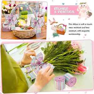 Easter striped wired ribbon polyester faux linen ribbon for gift wrapping and bouquet decor.