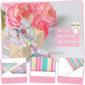 Detailed close-up view of pastel rainbow plaid wired ribbon showing fine edge stitching quality.
