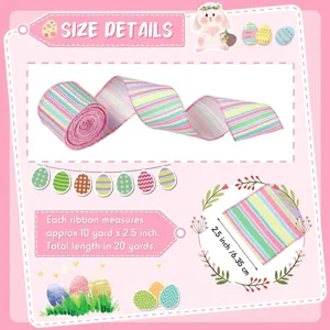 Easter wired pastel striped polyester ribbon for gift wrapping crafts and holiday decor 2.5 in