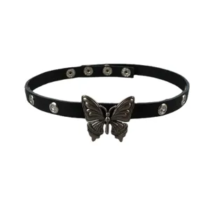 Black leather butterfly choker necklace punk gothic collar jewelry for women main view
