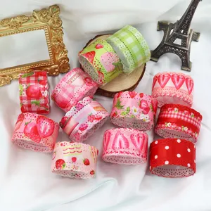 Polyester Strawberry Plaid Hollowed Out Lace Edge Satin Ribbon For DIY Hair Bows Gift Wrapping Party Wedding Stage Scene Decor Ribbon Material