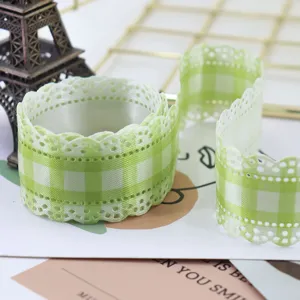 Green checkered lace ribbon for DIY crafts, hair bows, and handmade scene decoration supplies.