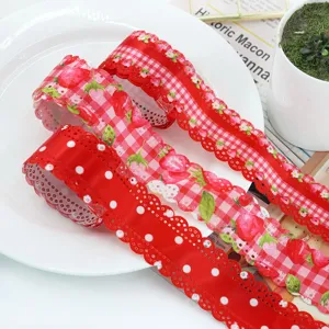 Red strawberry print hollow lace ribbon for DIY bows hair accessories and gift wrapping decoration.