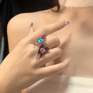 Anello farfalla con occhio di vetro Y2K estetico, anello da dito in metallo punk per donna.