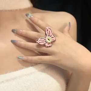 Anello farfalla rosa estetica Y2K con occhio di vetro, gioielli indie gotici fatti a mano.