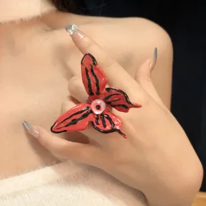 Y2K Rosso Nero Farfalla Anello Gotico Occhio Vetro Resina Dito Gioielli Trendy Streetwear
