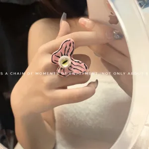 Anello Farfalla Rosa Y2K Dipinto a Mano Resina Occhio Carino Estetico Gioiello Dito Accessorio