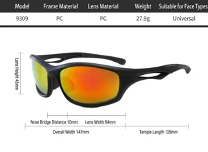 Detaillierte Maß- und Spezifikationsansicht der Outdoor-Sport-Sonnenbrille mit PC-Rahmen.