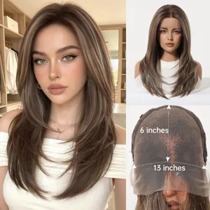 13x6 HD lace long straight highlighted brown wig with natural parting for women daily wear.