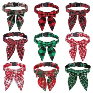 Christmas Dog Collar With Bowtie Adjustable Nylon Plaid Snowflake Print Holiday Festive Neck Strap For Large Medium Dogs