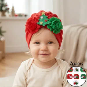 Bonnet Turban de Noël pour Bébé en Polyester Douceur Chaud Bonnet d'Hiver Avec Père Noël Renne Sapin de Noël Strass Fleurs