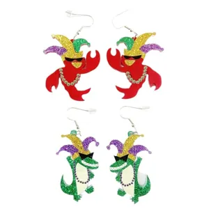 Mardi Gras carnival acrylic earrings with glitter lobster and alligator jester hat designs.