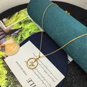 Gold-plated titanium steel zodiac zircon round pendant necklace detail view, chic minimalist style.