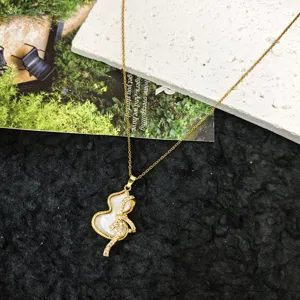 Gold titanium steel necklace with mother of pearl gourd pendant and zircon details.