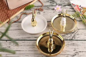 Ceramic rabbit jewelry dish set gold and white ring holder desktop organizer cute tray.