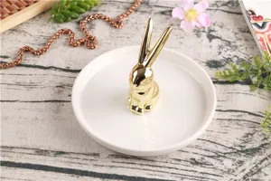 Gold ceramic rabbit jewelry dish ring holder cute animal trinket tray desktop decor organizer