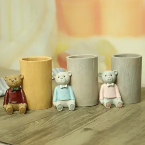 Cute resin cartoon bear pen holder imitation wood finish desktop organizer office decor.