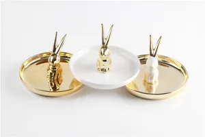 Luxury ceramic rabbit jewelry tray and ring holder set, perfect for desktop or bathroom decor.