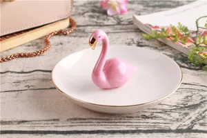 Ceramic flamingo jewelry dish gold rim ring storage tray aesthetic room decor tabletop organizer