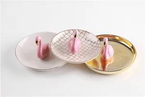 Nordic ceramic flamingo jewelry tray set, elegant desktop ring storage and home decor.