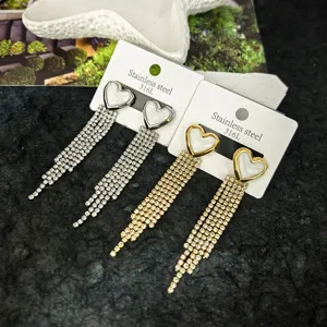 Stainless Steel Heart Star Tassel Stud Earrings Gold Silver Plated Rhinestone Drop Earring Fashion Jewelry For Women