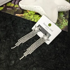 Silver star rhinestone tassel earrings stainless steel elegant dangle drop jewelry for women