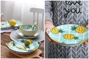 Keramische ananas borden set, raster patroon dubbele oor schaal, mooi keuken serviesgoed.