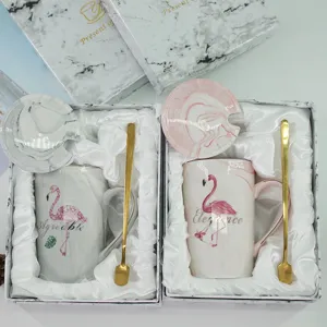 Marmor Keramik Kaffeetasse Set mit Deckel und Löffel, Flamingo Design Geschenkbox.