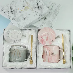 Marmor Keramik Paare Kaffeetasse Set mit Deckel und goldenem Löffel in Geschenkbox