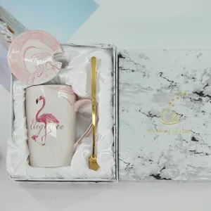 Marmor Keramik Tasse Geschenkeset mit Deckel Löffel Flamingo Muster edle Box Verpackung