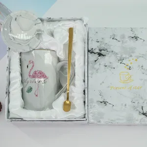 Keramik Marmor Design Tasse Set mit Deckel und goldenem Löffel in edler Geschenkbox