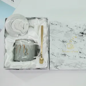 Marmor Keramik Kaffeetasse Geschenke Set mit Deckel und Löffel für Frühstück, edle Tasse.