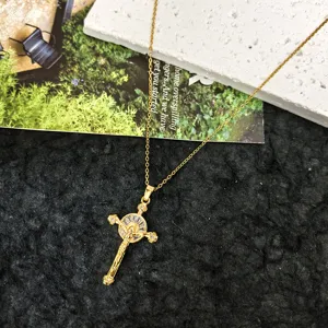 Gold cross pendant necklace with sparkling zircon stones, minimalist European and American style.