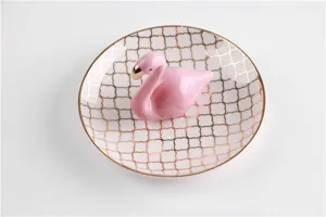 Pink ceramic flamingo jewelry dish with gold clover pattern trinket ring storage tray