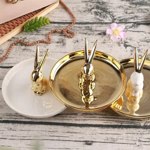 Gold ceramic rabbit ring dish luxury jewelry tray desktop organizer Easter decor gift