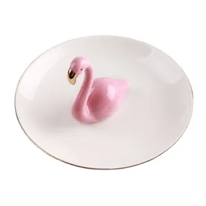 Nordic style ceramic flamingo jewelry tray, elegant gold-rimmed ring storage dish for home decor.
