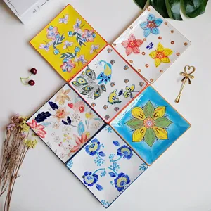 Hand-painted ceramic square plate set, 8-inch artistic tableware for steak, dessert, or dining home.