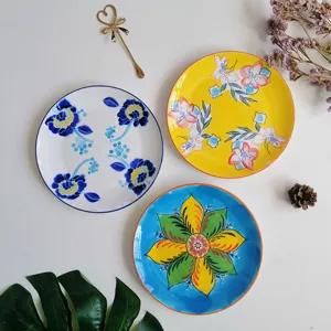 Hand-painted ceramic dinner plate set, 8-inch artistic floral decorative plates for dining table.