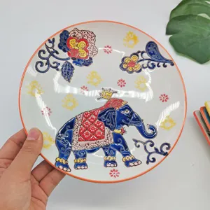 Handmade ceramic dinner plate, 8-inch painted elephant dessert dish for home tableware decor.